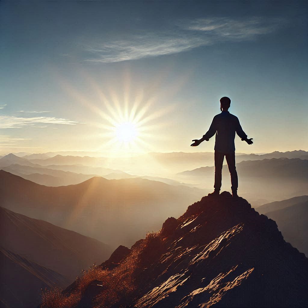 Une personne debout sur un sommet de montagne, regardant un horizon lumineux, symbolisant un nouveau départ. Le soleil se lève à l'horizon, évoquant un renouveau et une énergie positive. La personne peut être habillée de manière simple et naturelle, dans une posture ouverte (bras légèrement écartés ou bras levés en signe de victoire). Cette image illustre la sérénité, la force intérieure et la confiance en soi pour faire face aux défis de la nouvelle année.